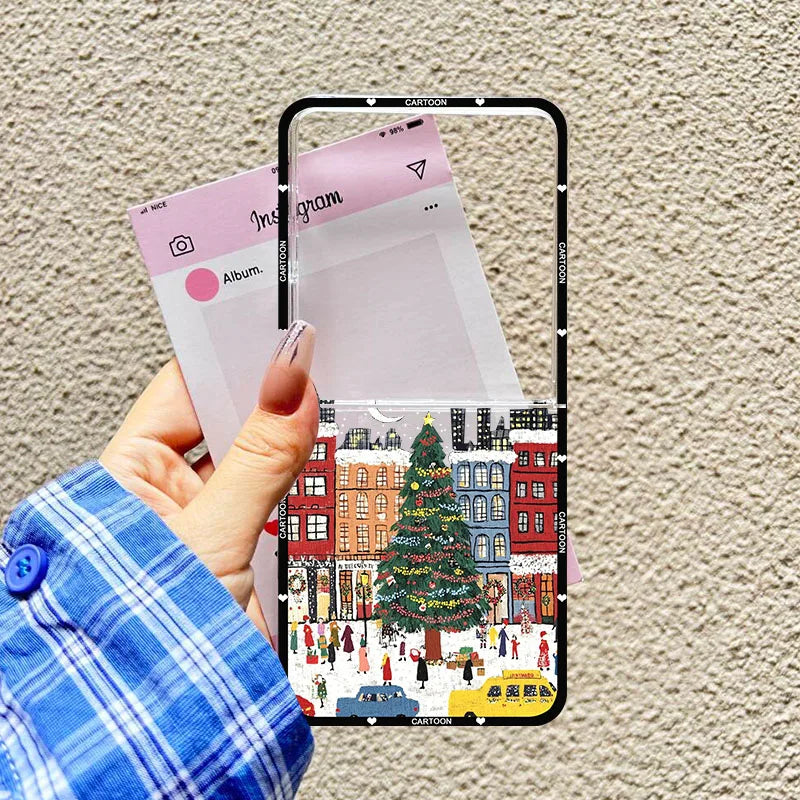 Winter Snow Landscape Phone Case For Samsung Galaxy Z Flip 7 Christmas Street Scenery Clear Hard Folding Cover For ZFlip7 Fundas