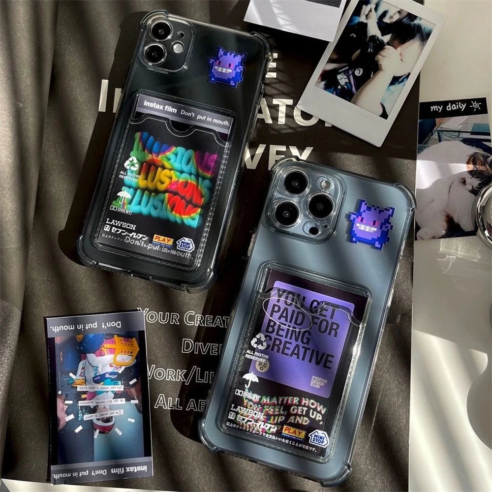3D Anime Cute P-Pokemon Gengar Card Wallet Black Clear Soft TPU Phone Case For iPhone XS Max XR 13 12 11 14 15 16 Pro Max  Cover