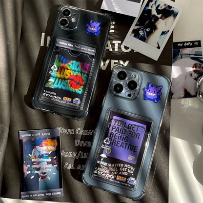 3D Anime Cute P-Pokemon Gengar Card Wallet Black Clear Soft TPU Phone Case For iPhone XS Max XR 13 12 11 14 15 16 Pro Max  Cover