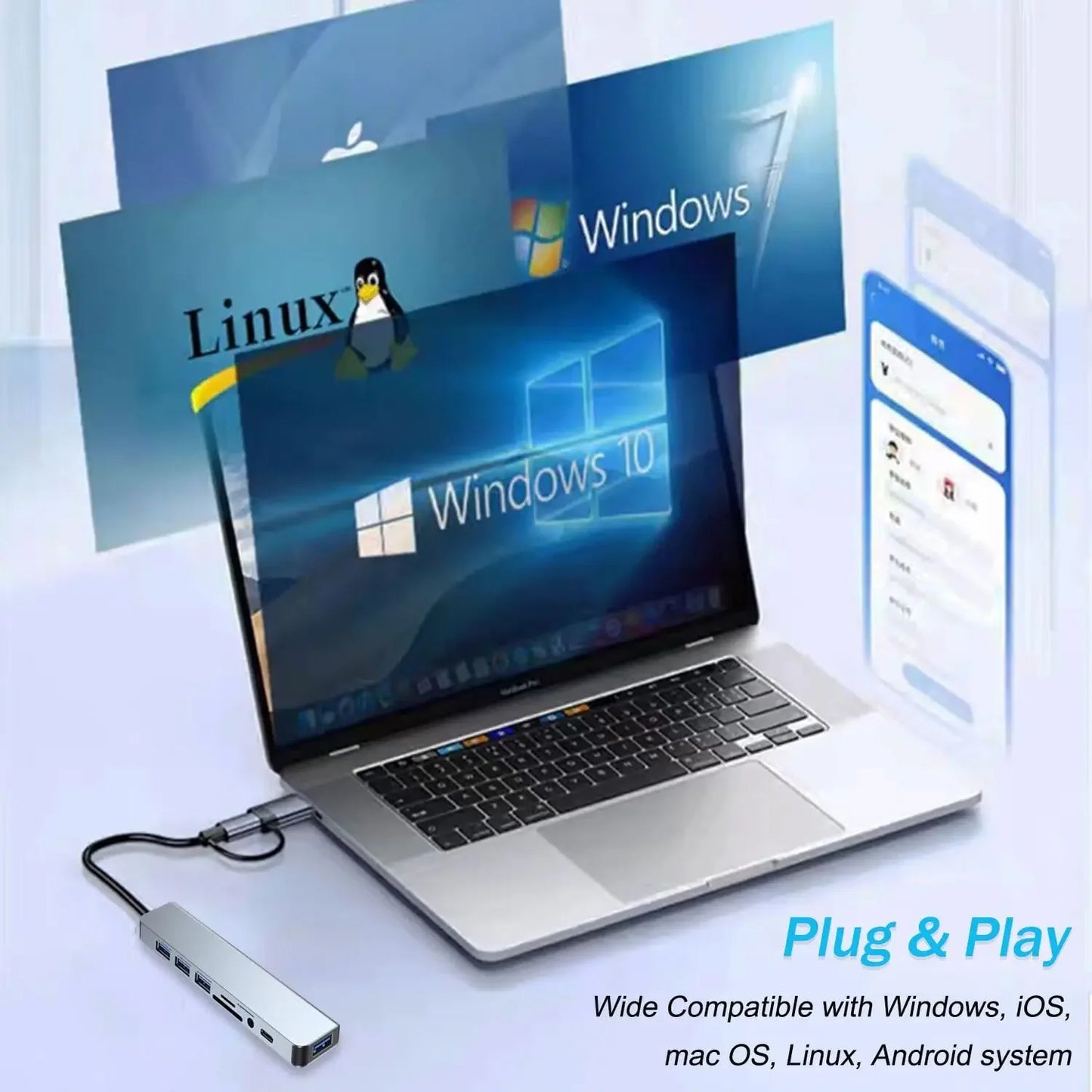 USB HUB 8 in 1 with SD/TF Card Reader 3.5mm Aux Ports for MacBook Pro Air PC Laptop Tablet