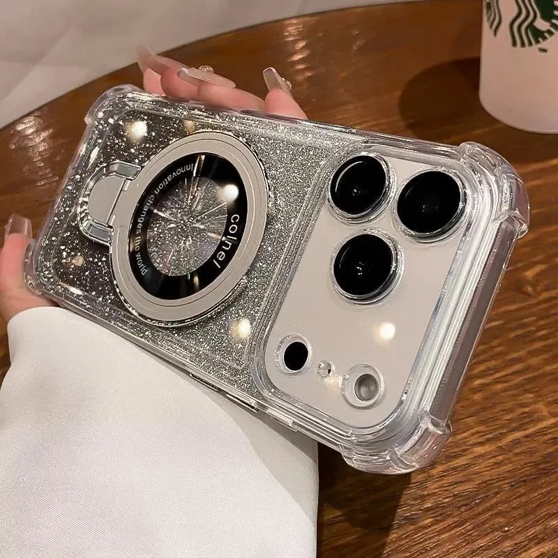 Plating for Magsafe Glitter Bracket Case for iPhone 17 16 15 Pro Max 14 Plus Air 11 12 13 Gradient Stand Airbag Shockproof Cover