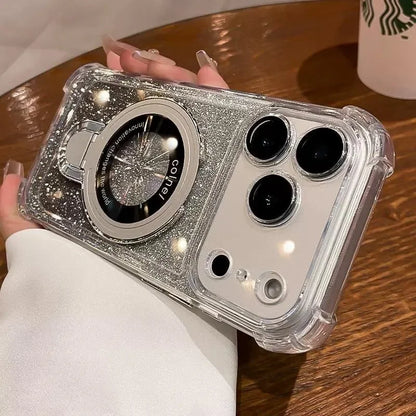 Plating for Magsafe Glitter Bracket Case for iPhone 17 16 15 Pro Max 14 Plus Air 11 12 13 Gradient Stand Airbag Shockproof Cover