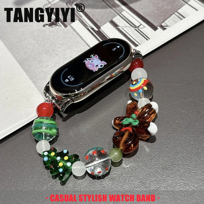 Christmas Strap For Xiaomi Mi Band 10 9 8 Pro Miband 9Pro 8 Pro Gingerbread Resin Beaded Elastic Bracelet Wristband Watch Band