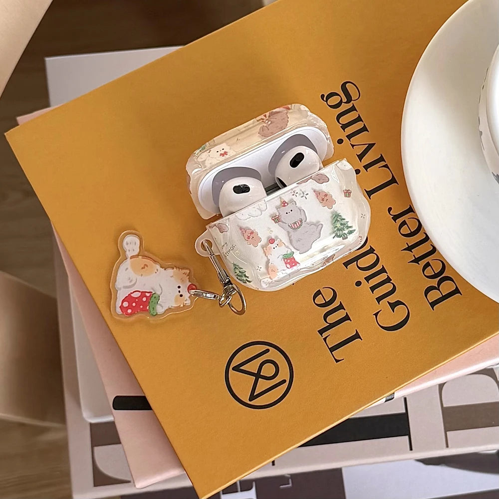 Christmas Earphone Case for Apple Airpods Pro3 Cute Cat Wavy Shell for Airpods 4 2 3 Pro Pro2 Pendant Wireless Bluetooth Headset