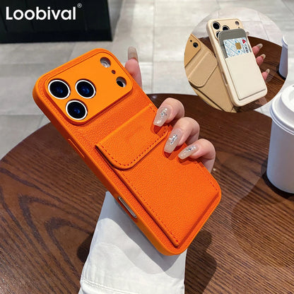 Card Slot Wallet PU Leather Bracket Case For iPhone 17 ProMax 17air 14 15 16 Plus 17 11 12 13 Pro Max Business Photo Clip Cover