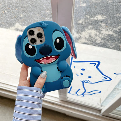 For iPhone 15 Pro Max 11 12 Pro Max 14 Pro 14 Plus 13 16 Kawaii Sit Stitch Big Ear Button Strap Cartoon Silicon Soft Phone Case