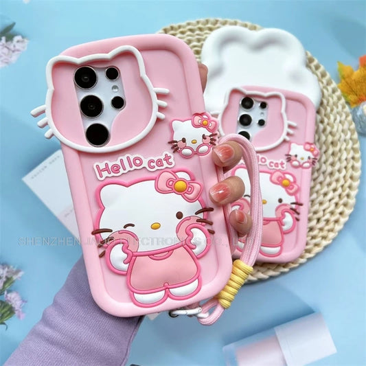 Cute 3D Cartoon Hello Kitty Silicone Phone Case For Samsung Galaxy S25 Ultra S24 Ultra S23 S21 Ultra FE Soft Cover