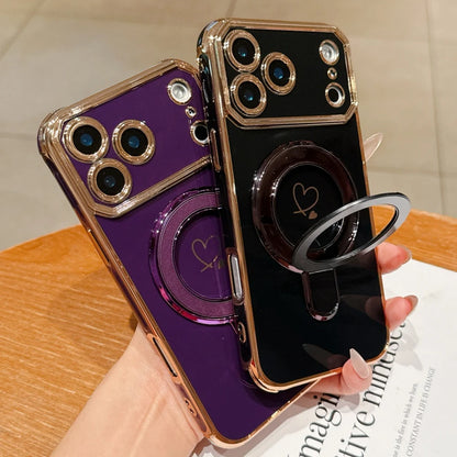 Luxury Plating Love Heart Airbag Bracket Phone Case For iPhone 17 16 15 14 13 Pro Max Plus Air Stand Holder Protection New Cover