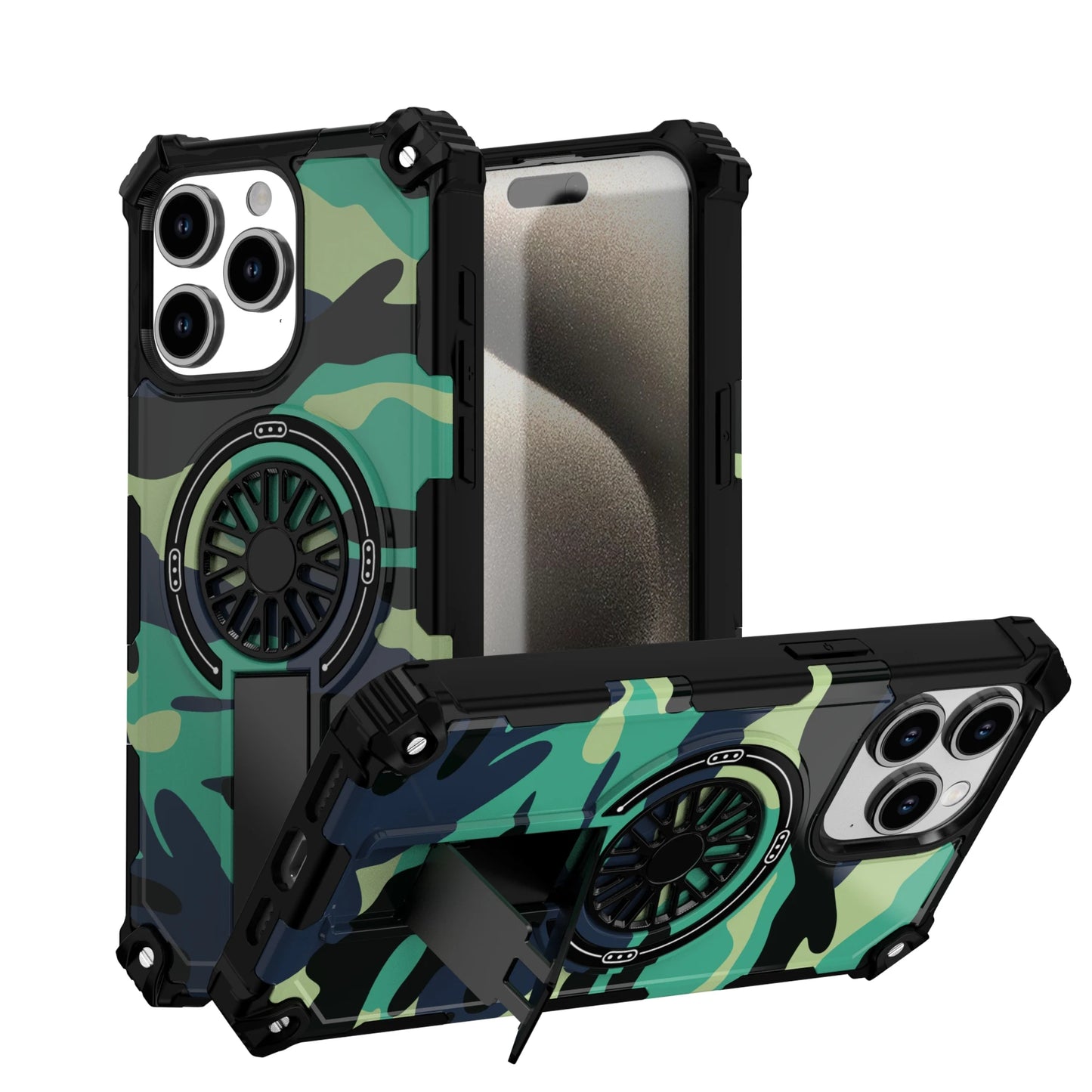 Camouflage Army Green Carbon Magnetic Phone Case Stand For Magsafe iPhone 16 15 PM 14 Plus 13 12 Pro Max 11 16e Protection Cover