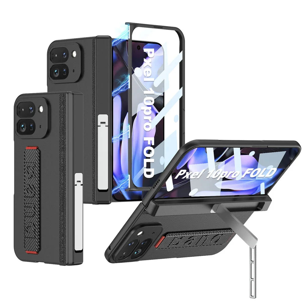 Magnetic Hinge Folding Stand Holder Wrist Strap with Glass Protector Case for Google Pixel 10 Pro Fold Lens Protect Cover