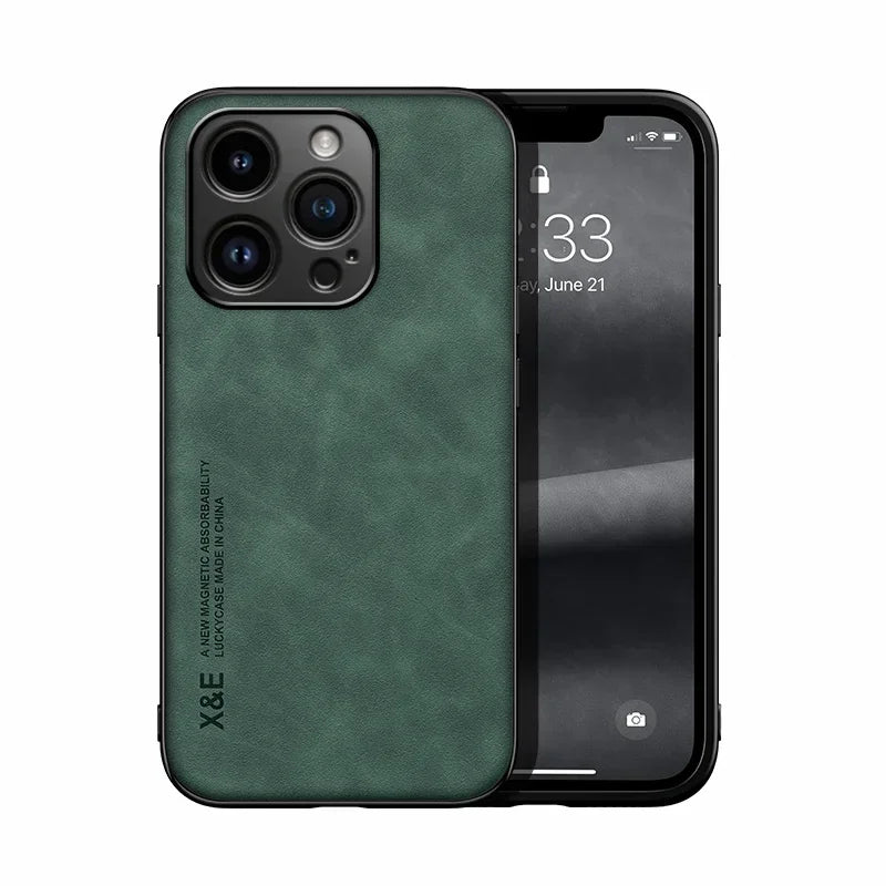 Luxury Leather Case For iPhone 16 16e 15 14 13 12 11 Pro Max Plus 12 13 Mini X XS SE 8 7 Cover With Metal Plate Support Car Hold