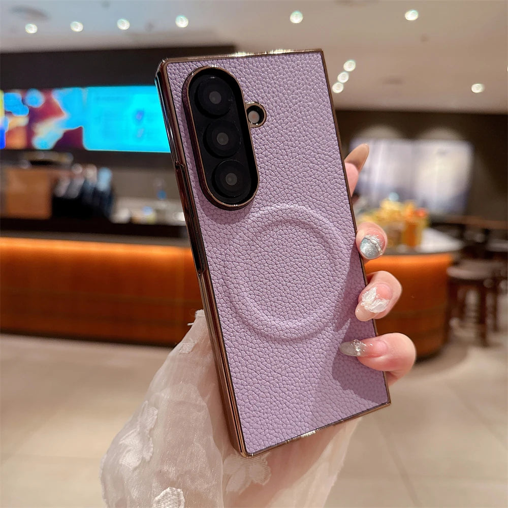 Lichee Pattern Leather Magnetic Case For Samsung Galaxy Z Fold 7 6 5 4 3 5G For Magsafe Phone Protection Hard Cover Shockproof