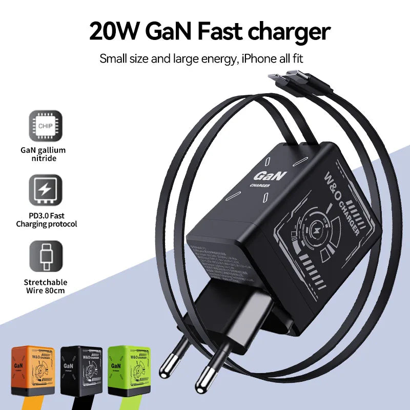 W&O GaN Fast Charging Cable Type C 20W and Lightning Liquid Silicone Cable for iPhone 14 15 Pro Max Xiaomi Realme Redmi ﻿