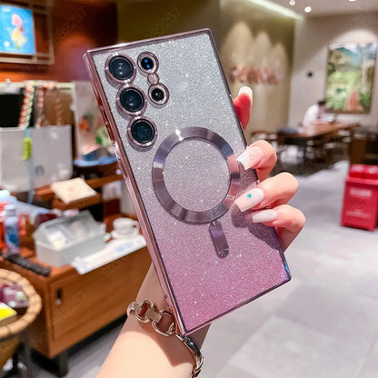 Glitter Luxury Magnetic Woman Case For Magsafe For Samsung Galaxy S24 S23 S22 S25 Ultra Plus Accessories Wireless Charging Cover