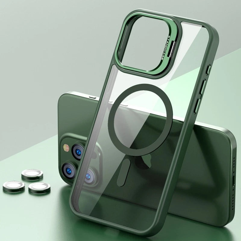 Fashion Magnetic Stand Case for iPhone 16 15 14 Plus 13 12 11 Pro Max Case for Magsafe Wireless Charge With Lens Protector Cover