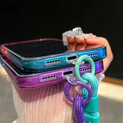 Gradient Colorful Transparent Phone Case For iPhone 17 16 15 14 13 12 Pro Max Plus Shockproof TPU Back Cover With Wrist Strap
