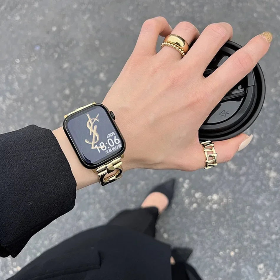 Metal Chain Strap for Apple Watch Series 9 8 7 6 SE 5 3 45/44/42/41mm Fashion Round Loop Bracelet IWatch Ultra 2 49mm 40mm 38mm