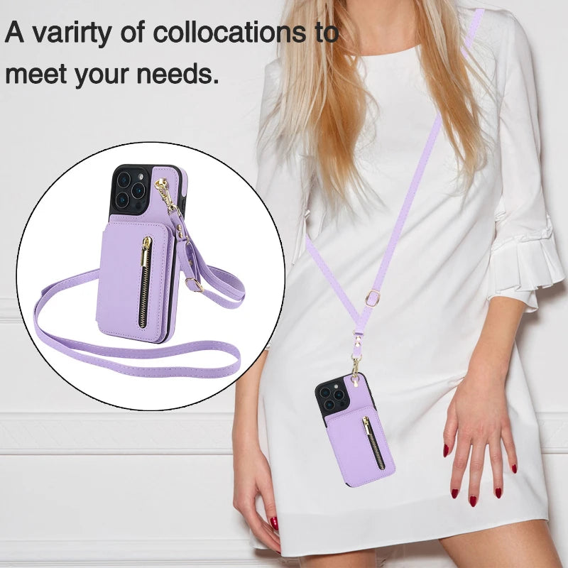 Card Slots Zipper Leather Wallet Case Flip Phone Case for IPhone 11 12 13 14 15 16 17 Pro Max Plus Promax 16e Ring Lanyard Purse