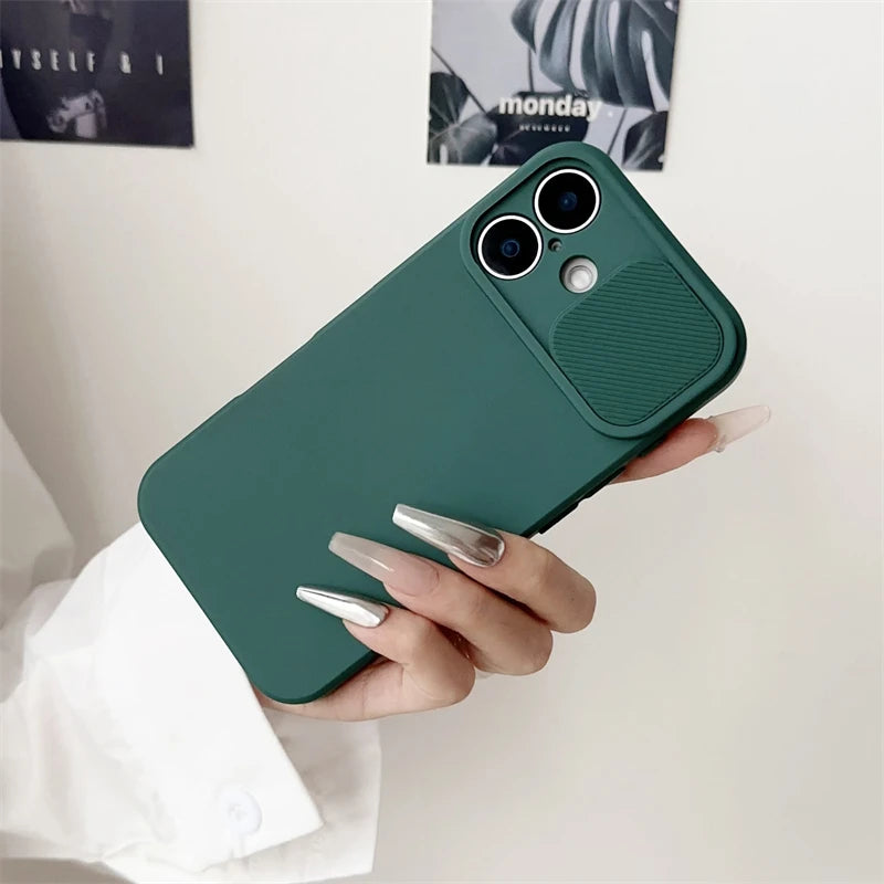 Slide Camera Lens Protection Soft Silicone Case For iPhone 16 15 14 Plus 13 12 11 Pro X XS XR Max 8 7 SE Shockproof Bumper Cover