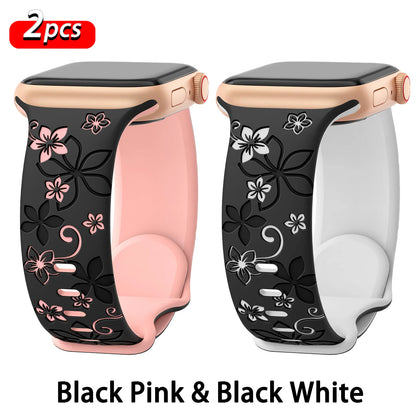 Floral Engraved Strap For Apple Watch Band 46mm 41mm 40mm 44mm 45mm 42mm 49mm Silicone Sport iWatch Series 11 10 SE 9 8 Ultra 2