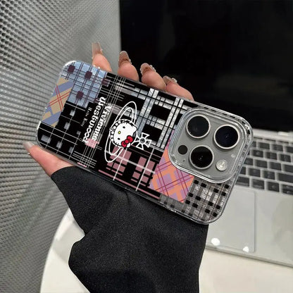 Black Plaid feather gauze Hello Kitty KT Phone Case For iPhone 16 15 14 13 12 11 Pro Max 7 8Plus XR XS MAX MINI Y2K Cute Cover
