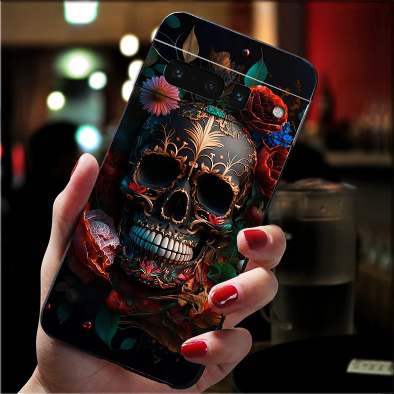 Skull Flower Art Phone Case For Google Pixel 10 9 Pro XL 9A 8 7 6 Pro Pixel 8A 7A 6A Pixel 8 7 6 5