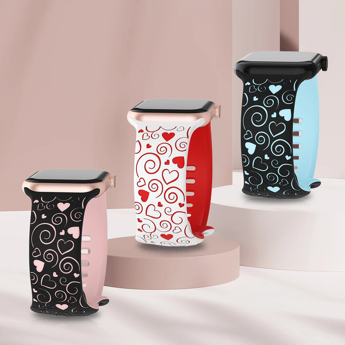 Lucky Heart Engraved Silicone watch Band for Apple Watch 38/40/41/42/44/45/46/49mm,  for iWatch Series 10 9 8 7 6 5 4 3 2 1 SE