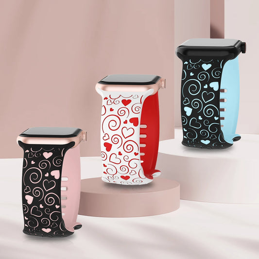 Lucky Heart Engraved Silicone watch Band for Apple Watch 38/40/41/42/44/45/46/49mm,  for iWatch Series 10 9 8 7 6 5 4 3 2 1 SE