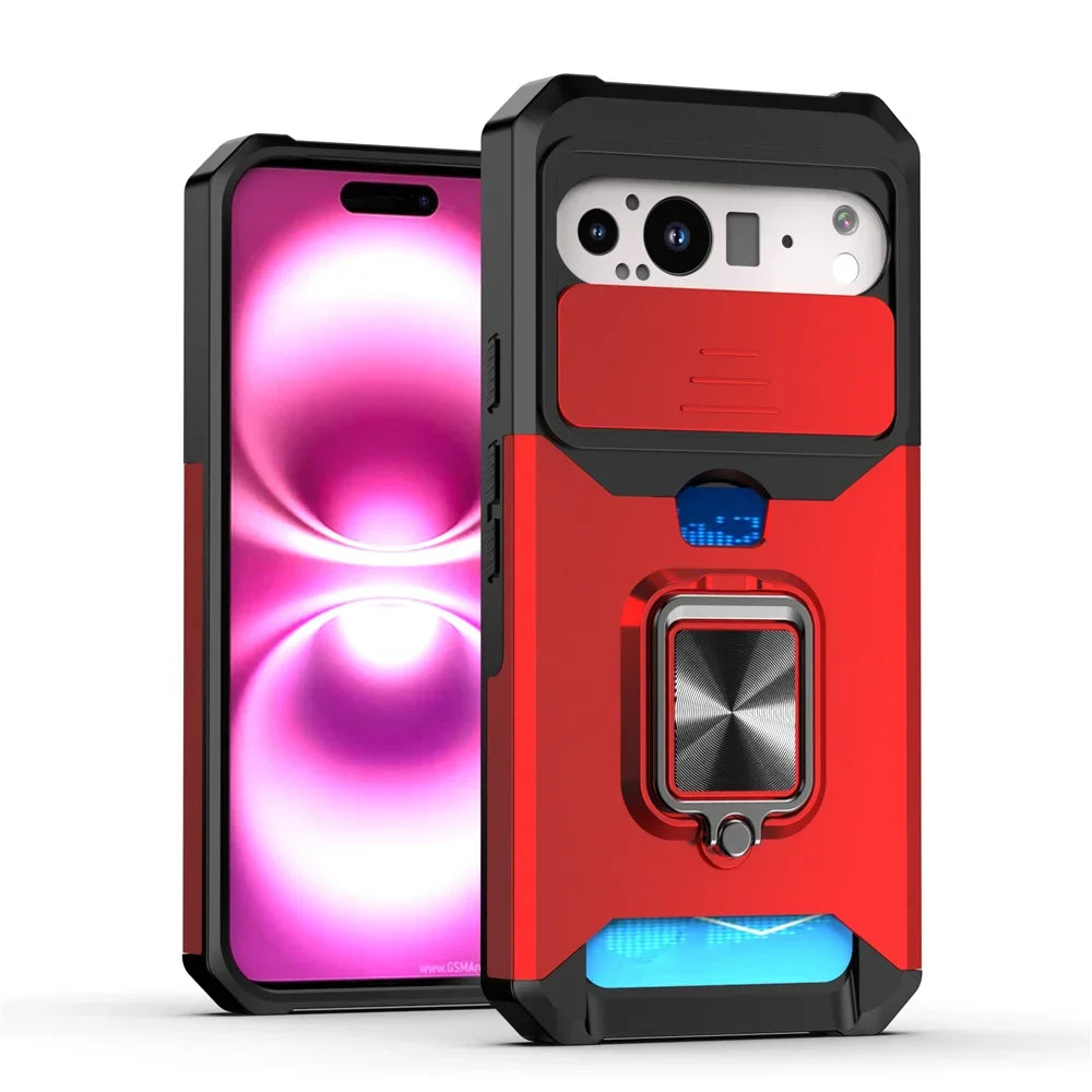 Slide Camera Protection Magnetic Phone Case For Google Pixel 10 9 8 8A Pro XL 7A 7 6 6A 5 5A Luxury Push Card Folding Ring Stand