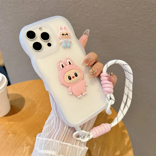 3D Silicone Soft Cute Cartoon Animals Phone Case with Wrist Strap for IPhone 16 Pro Max 15 14 13 Pro Protective Cover