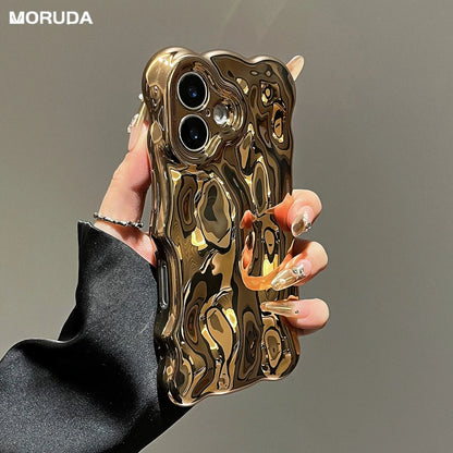 Glossy Wrinkle Plating Wave Border Phone Case for iPhone 16 15 Pro Max Plus 11 12 13 14 Meteorite Pattern Soft Silicone Cover
