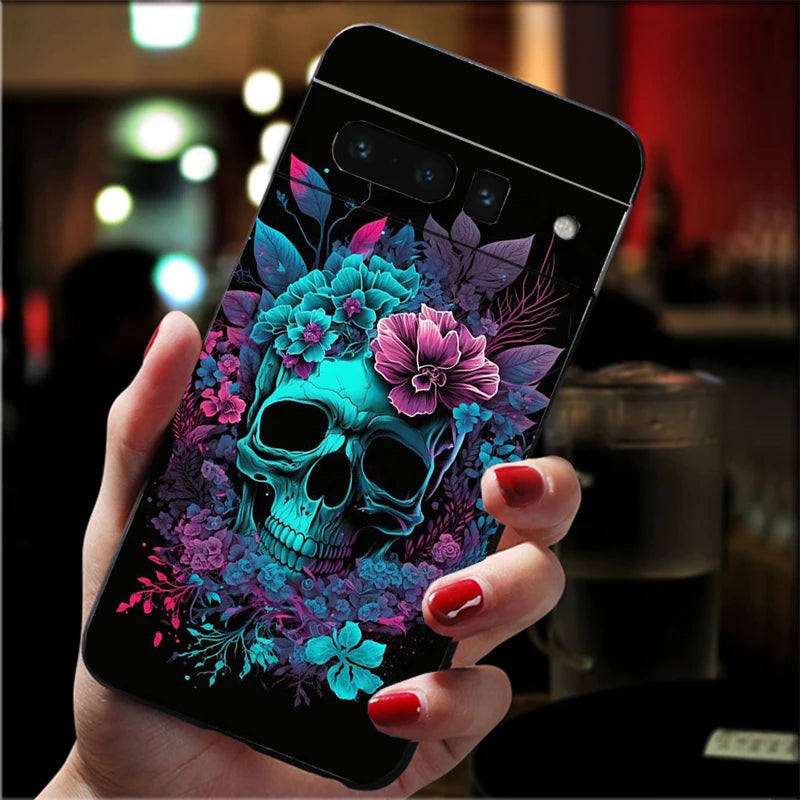 Skull Flower Art Phone Case For Google Pixel 10 9 Pro XL 9A 8 7 6 Pro Pixel 8A 7A 6A Pixel 8 7 6 5