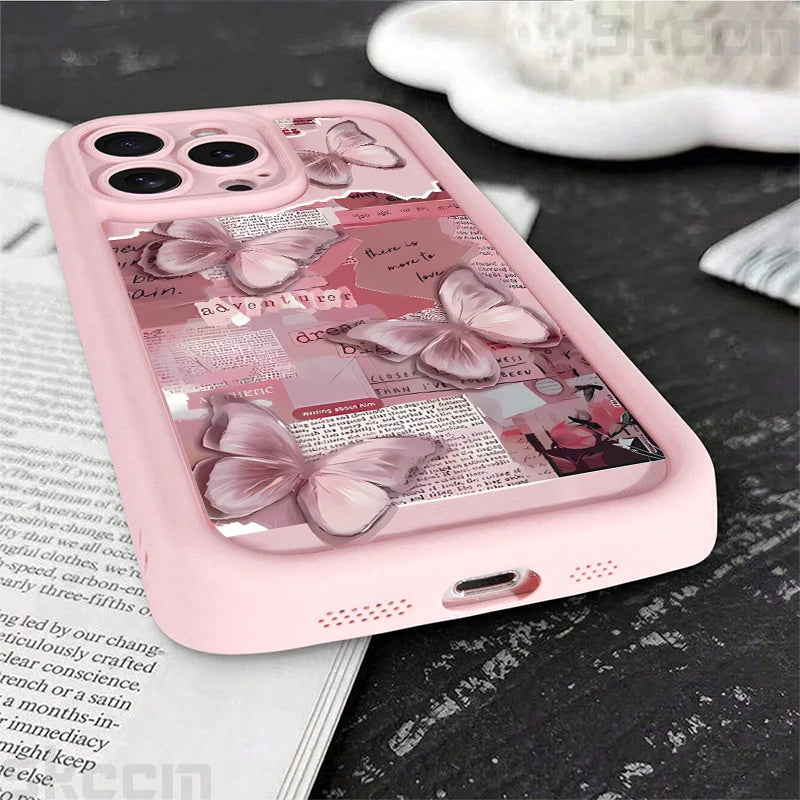 Pink Cute Butterfly Silicone Soft Phone Case For iPhone 16 16E 15 14 13 12 11 Pro Max XS XR X 7 8 Plus Shockproof Candy Cover