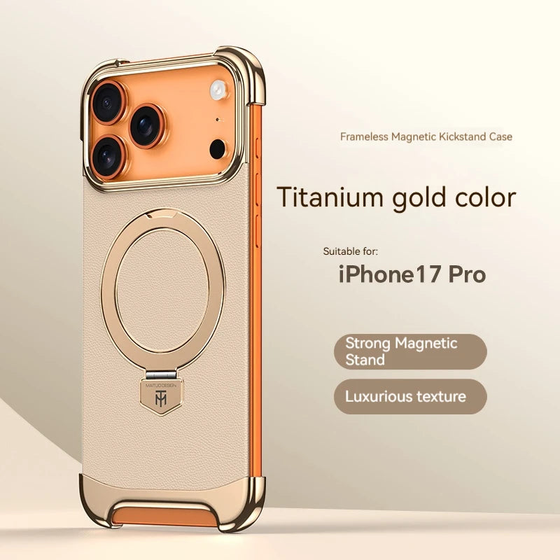 High-End Leather Frameless Magnetic Bracket Phone Case，For IPhone 17 Pro Max 17 Air Magsafe Wireless Charging Protective Cases