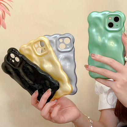 Korean Glossy 3D Meteorite Texture Macaron Solid Color Case For iPhone 14 Pro 13 12 Pro 11 Pro Max Wave Phone Shockproof Shell