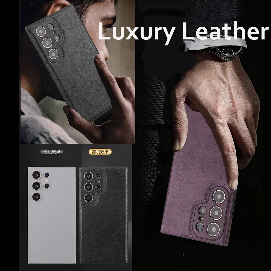 Luxury Vintage PU Leather Case for Samsung S25 Ultra S24 Plus S23 S22 S24Ultra Slim Camera Shockproof Soft Bumper Back Cover