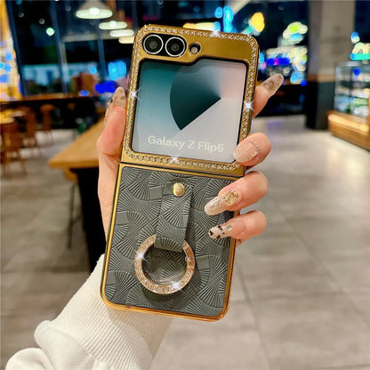 Leather Plating  Ring Phone Case For Samsung Galaxy Z Flip 7 6 Flip 5 Zflip 4 3 Bling Diamond Shockproof Cover Funda