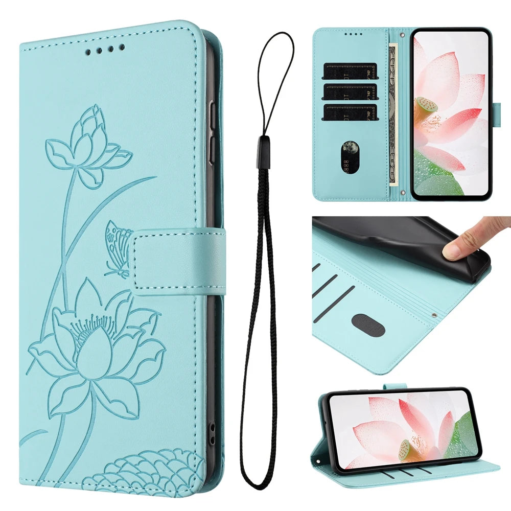 for Funda iPhone 17 16 15 14 13 12 11 Pro Max Lotus Leather Phone Case for Etui iPhone 17 Air 16E 15 Plus Cases Flip Cover Women