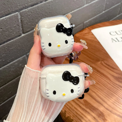 Cute Pink Black Hello KT Cat Cover for AirPods 4 Cartoon Earphone Case for Airpods Pro2 Pro 3 2 1 Protective Cover with Keychain