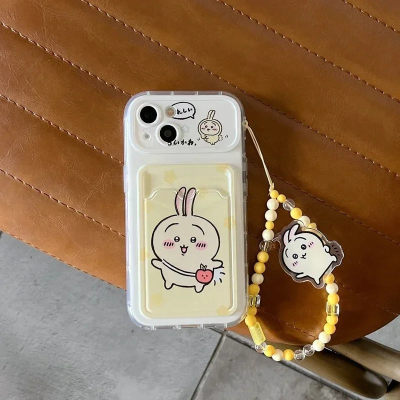 Cute Cartoon Japan Anime Chiikawa Card Wallet Pocket Phone Case For iPhone 16 15 14 13 12 11 Pro Max Cover With Lanyard