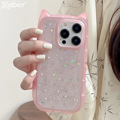 Cute Cartoon Cat Ear Glitter Sequins Transparent Case  For iPhone 16 15 Plus 14 Pro Max 13 12 11 Soft Silicone Shockproof Cover