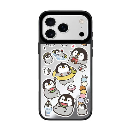 Cartoon Penguin Mirror Surface Cover for iPhone 12 13 14 15 16 17 Pro Max 17 Air Case - Protective Magnetic Case