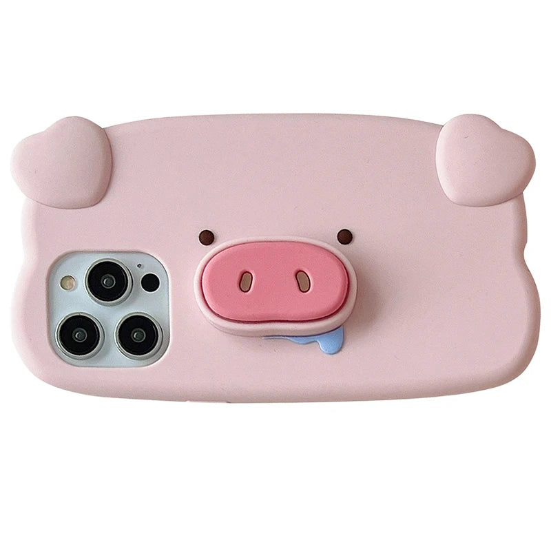 Fun 3D Pink Saliva Pig Nose Invisible Bracket Case For iPhone 13 14 12 11 15 Pro Max Cute Creative Holder Stand Shockproof Cover