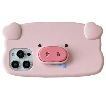 Fun 3D Pink Saliva Pig Nose Invisible Bracket Case For iPhone 13 14 12 11 15 Pro Max Cute Creative Holder Stand Shockproof Cover