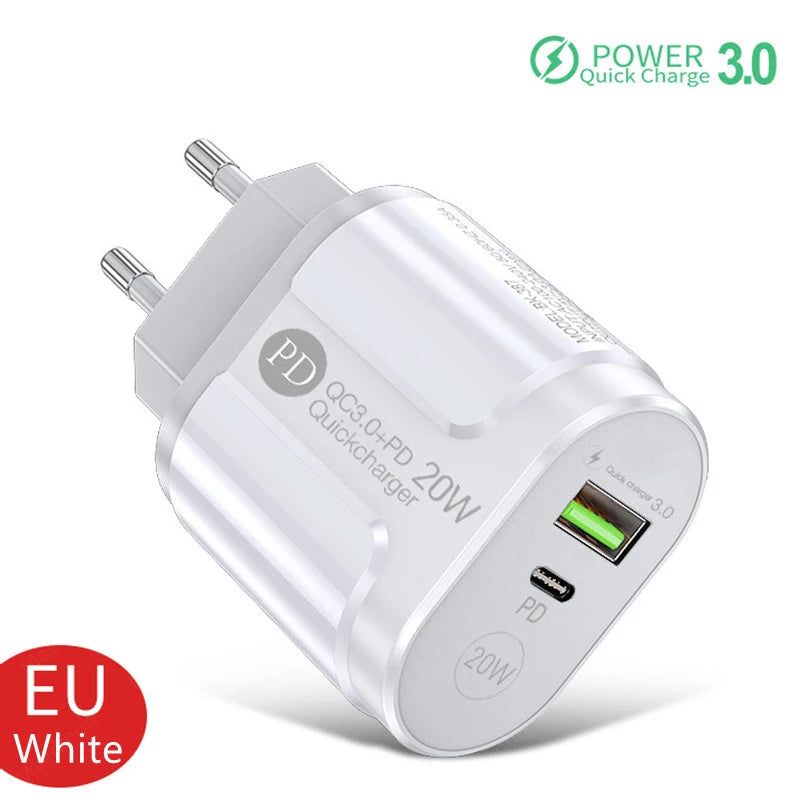 2 Ports USB Charger Quick Charge 3.0 PD 20W Type C Phone Charger Fast Charging Adapter For iPhone 13 12Pro Huawei Xiaomi Samsung