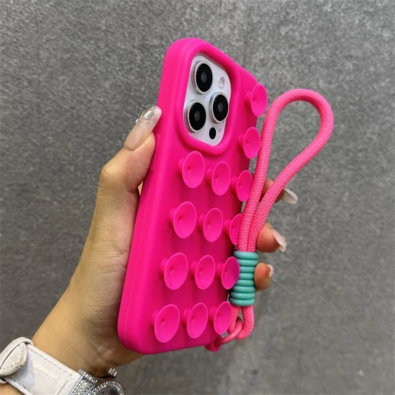 Fashion Cute Candy Liquid Silicone Suction Cup With Wrist Strap Case For iPhone 17 15 14 11 12 13 16 Pro Max Solid Color Cover