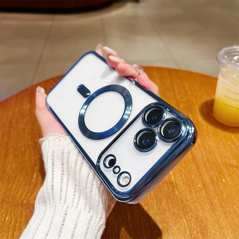 Luxury Plating Clear Case For iPhone 17 Air 16 15 14 13 12 11 17 Pro Max Shockproof Transparent Magnetic For Magsafe Lens Cover