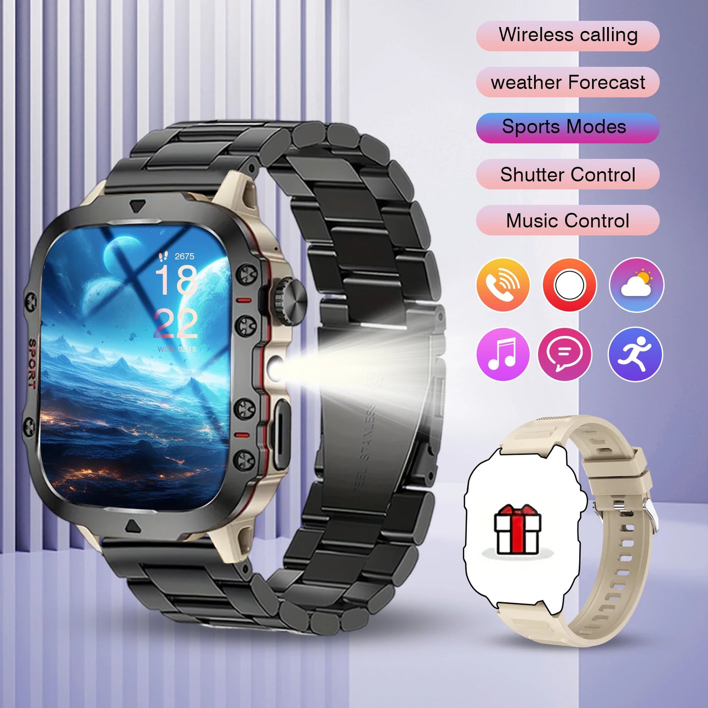 Smart watch, Bluetooth call, message reminder, two straps optional, suitable for iPhone/Android phone