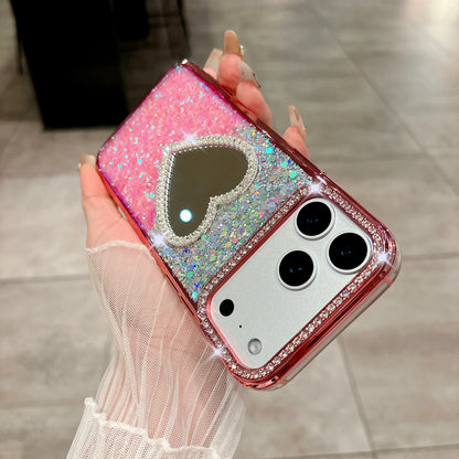 Luxury Diamond Love Heart Mirror Phone Case for iPhone 17 Air 16 15 14 13 Pro Max 17Pro Girls Gradient Shiny Plating Soft Cover