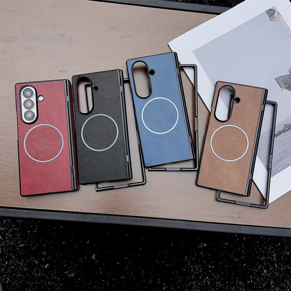 For Samsung Galaxy Z Fold 7 5 4 3 Case Leather Pattern For Magsafe Magnetic Case For Galaxy Z Fold6 Fold7 Wireless Charge Cover